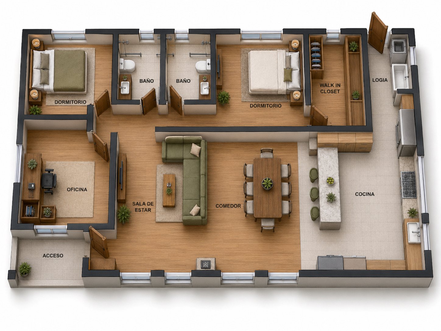 Modelo Oliva — planta 3D amoblada