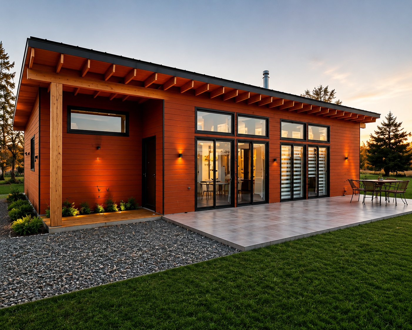 Modelo Oliva Rojo — fachada al atardecer con iluminación exterior