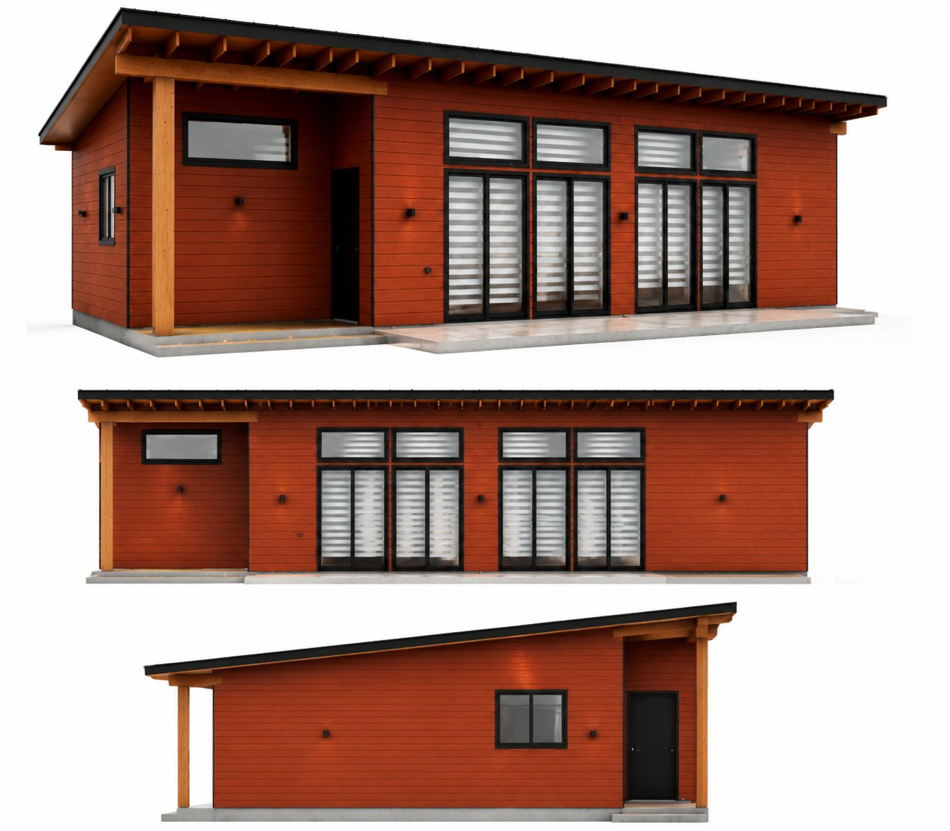 Modelo Oliva Rojo — vistas exteriores y elevaciones